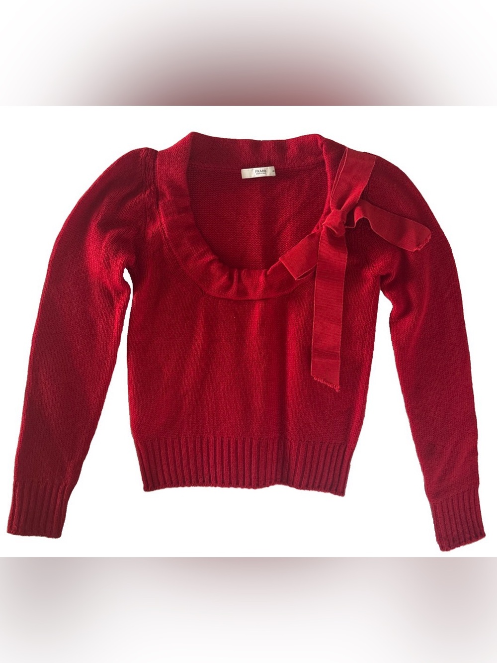 Prada Authentic Vintage Ribbed Scoop Neck Knit Cashmere Sweater W/Bow Sz 4/IT 40